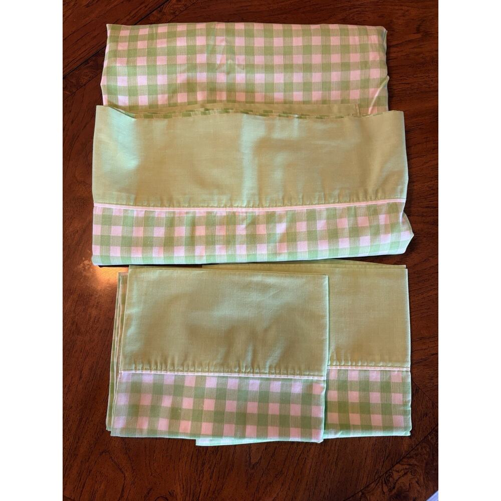 Vtg JC Penney Flat Sheet & 2 Pillowcases / DBL/ MUSLIN GREEN Checkered PLAID